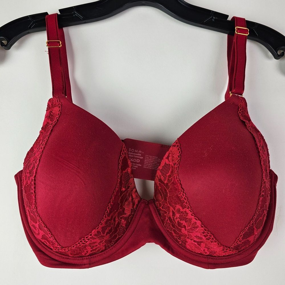 Soma Bra Embraceable Perfect Coverage‎ Size 34DD Solid Red Underwire Lace 34E